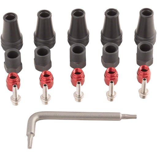 SRAM Red/Force AXS 2-Pc Disc Brake Hose Fitting Kit - 5 Threaded Hose Barbs, 5 Compression Nuts, 5 Boots, Red Comp Olives, 1 T8 Torx