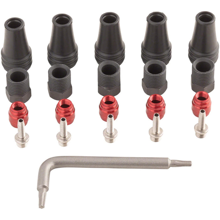 SRAM Red/Force AXS 2-Pc Disc Brake Hose Fitting Kit - 5 Threaded Hose Barbs, 5 Compression Nuts, 5 Boots, Red Comp Olives, 1 T8 Torx