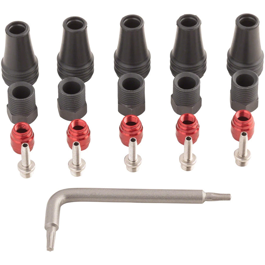 SRAM Red/Force AXS 2-Pc Disc Brake Hose Fitting Kit - 5 Threaded Hose Barbs, 5 Compression Nuts, 5 Boots, Red Comp Olives, 1 T8 Torx