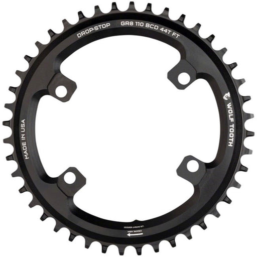 Wolf Tooth Compatible with Shimano 110 Asymmetric BCD Chainring - 44t, 110 Asymmetric BCD, 4-Bolt, Drop-Stop Flattop, For Compatible with Shimano GRX Cranks, Black