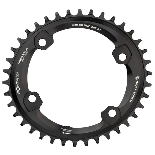 Wolf Tooth Elliptical Compatible with Shimano 110 Asymmetric BCD Chainring - 38t, 110 Asymmetric BCD, 4-Bolt, Drop-Stop, For Compatible with Shimano GRX Cranks, Black
