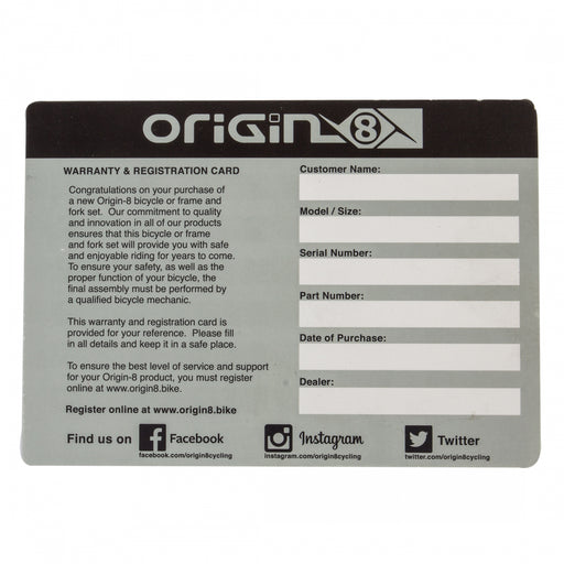 ORIGIN8 Registration Card MANUAL REP OR8 BICYCLE REGISTRATION CARD V.4.2014