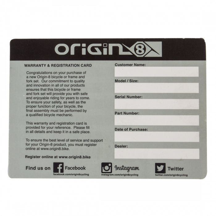 ORIGIN8 Registration Card MANUAL REP OR8 BICYCLE REGISTRATION CARD V.4.2014