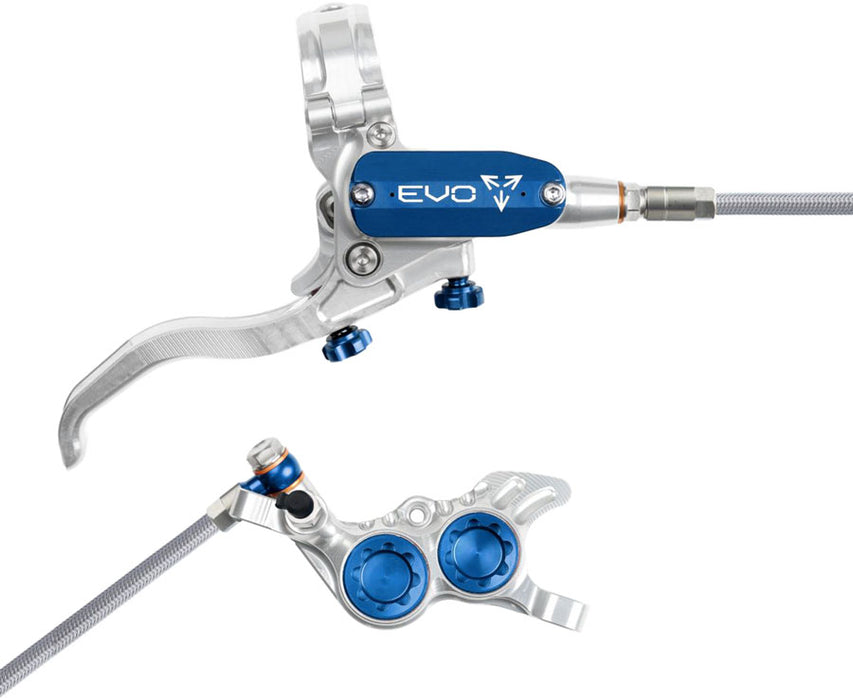 Hope EVO GR4 Disc Brake and Lever Set - Right Hand, Post Mount, 4-Piston, Braided Hydraulic Hose, Silver/Blue