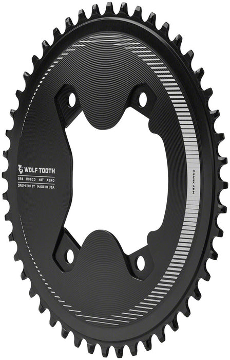 Wolf Tooth Aero 110 Asymmetric BCD Chainring - 48t, 110 Asymmetric BCD, 4-Bolt, Drop-Stop ST, For Shimano GRX 800 Series, Black
