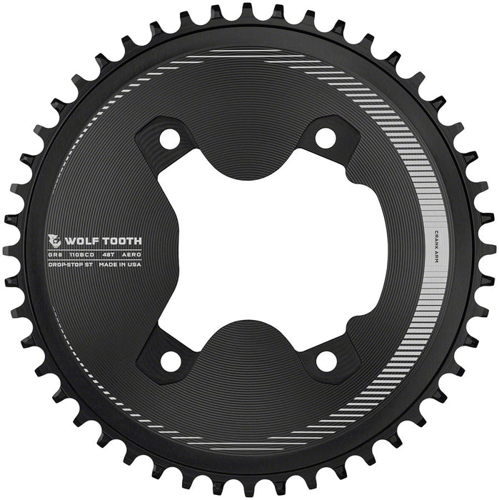 Wolf Tooth Aero 110 Asymmetric BCD Chainring - 48t, 110 Asymmetric BCD, 4-Bolt, Drop-Stop ST, For Shimano GRX 800 Series, Black