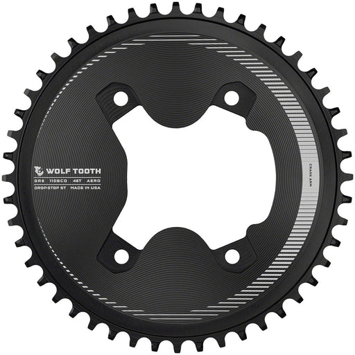 Wolf Tooth Aero 110 Asymmetric BCD Chainring - 46t, 110 Asymmetric BCD, 4-Bolt, Drop-Stop ST, For Shimano GRX 800 Series, Black