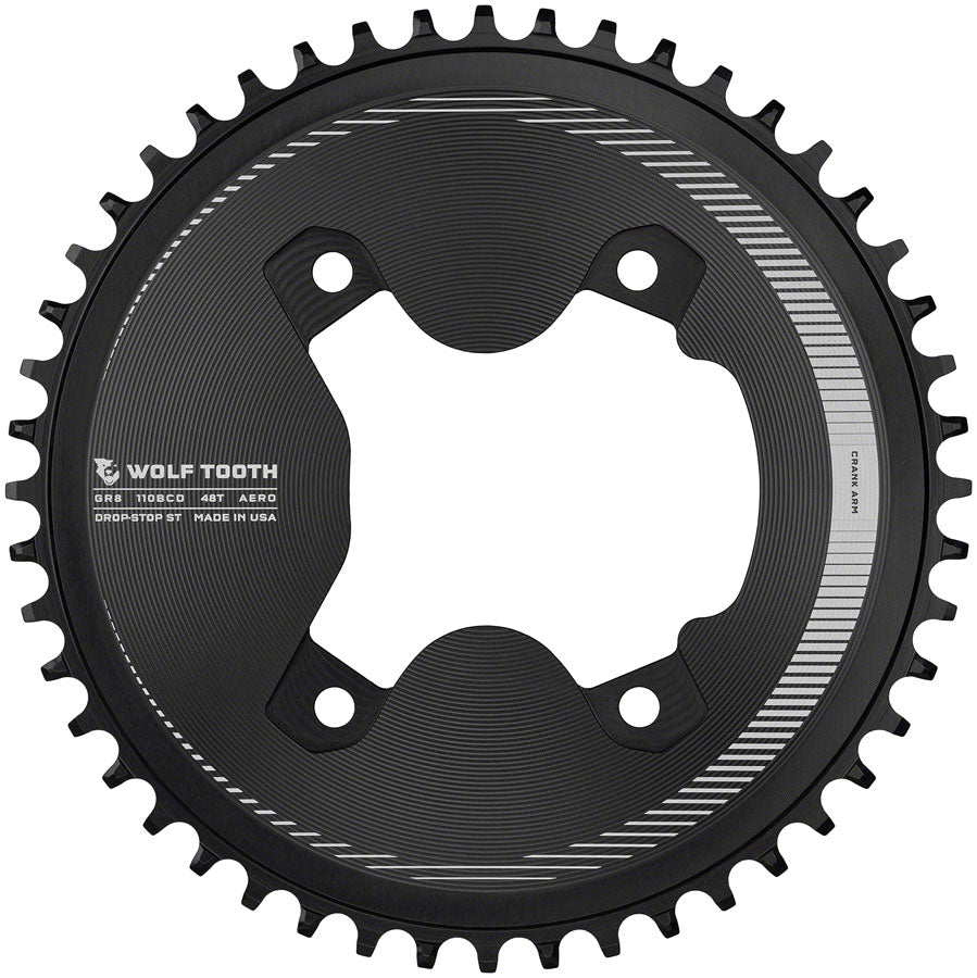 Wolf Tooth Aero 110 Asymmetric BCD Chainring - 46t, 110 Asymmetric BCD, 4-Bolt, Drop-Stop ST, For Shimano GRX 800 Series, Black