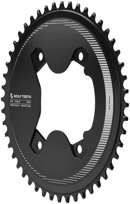 Wolf Tooth Aero 110 Asymmetric BCD Chainring - 50t, 110 Asymmetric BCD, 4-Bolt, Drop-Stop ST, For Shimano GRX 800 Series, Black