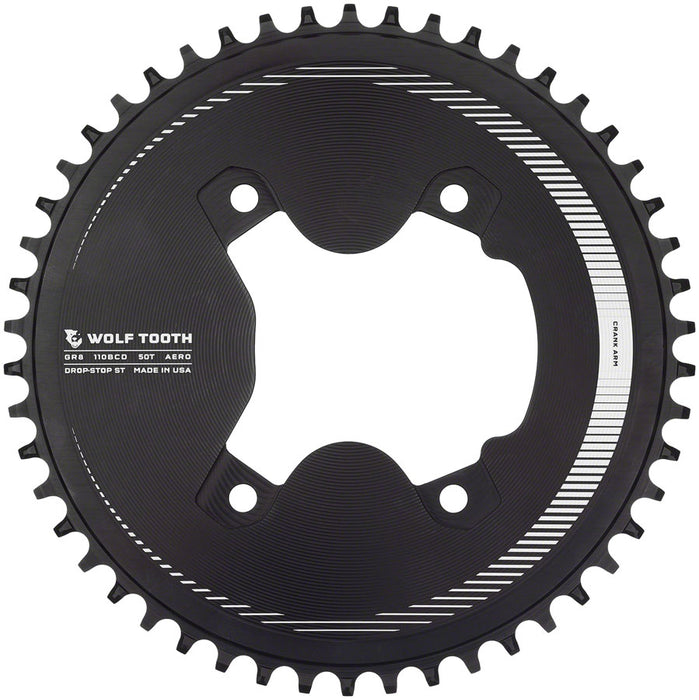 Wolf Tooth Aero 110 Asymmetric BCD Chainring - 50t, 110 Asymmetric BCD, 4-Bolt, Drop-Stop ST, For Shimano GRX 800 Series, Black