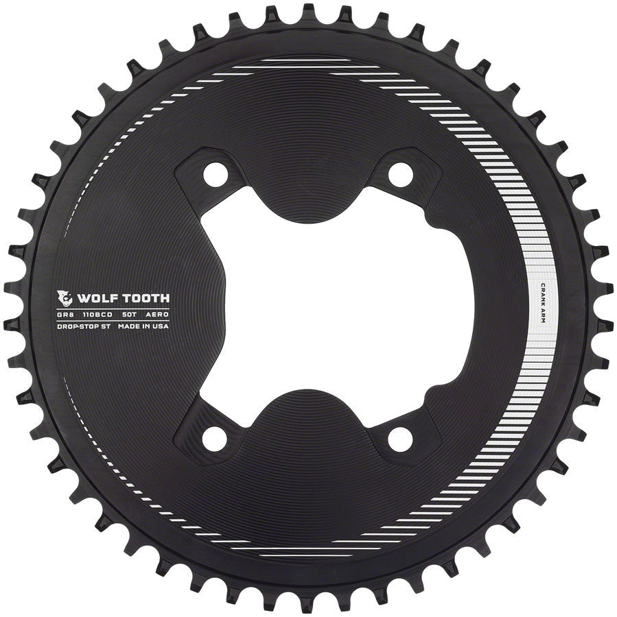 Wolf Tooth Aero 110 Asymmetric BCD Chainring - 50t, 110 Asymmetric BCD, 4-Bolt, Drop-Stop ST, For Shimano GRX 800 Series, Black