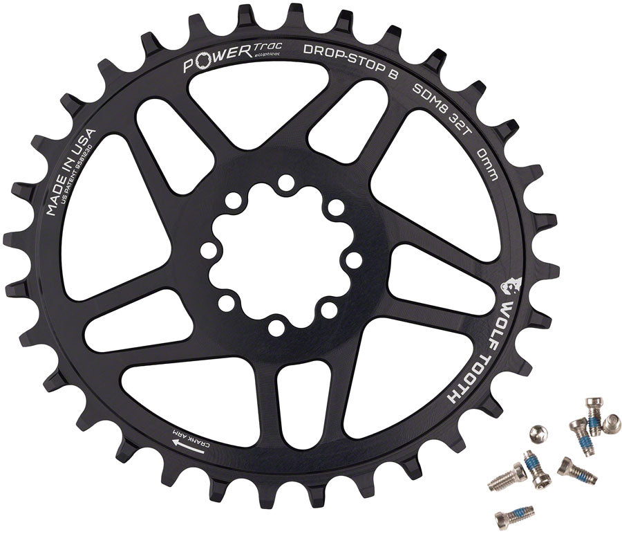 Wolf Tooth Elliptical Direct Mount Chainring - 32t, SRAM Direct Mount, Drop-Stop B, For SRAM 8-Bolt Cranksets, 0mm Offset, Black