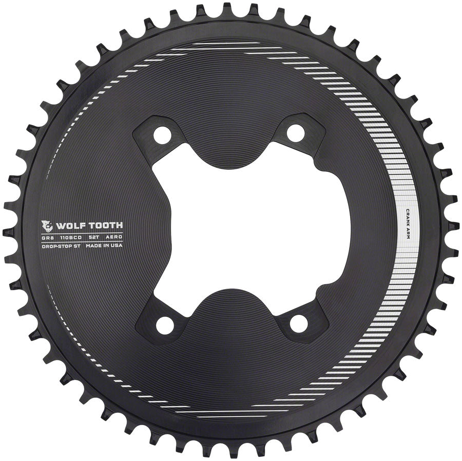 Wolf Tooth Aero 110 Asymmetric BCD Chainring - 52t, 110 Asymmetric BCD, 4-Bolt, Drop-Stop ST, For Shimano GRX 800 Series, Black