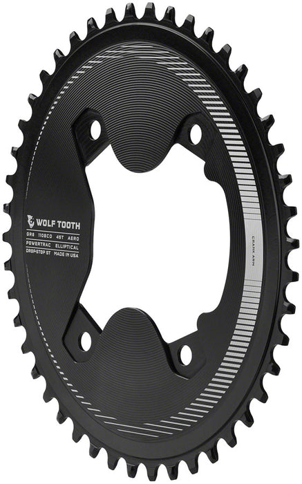 Wolf Tooth Elliptical Aero 110 Asymmetric BCD Chainring - 46t, 110 Asymmetric BCD, 4-Bolt, Drop-Stop ST, For Shimano GRX 800 Series, Black