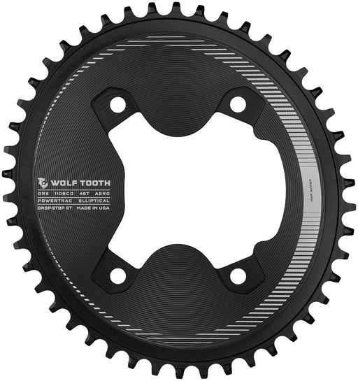 Wolf Tooth Elliptical Aero 110 Asymmetric BCD Chainring - 46t, 110 Asymmetric BCD, 4-Bolt, Drop-Stop ST, For Shimano GRX 800 Series, Black
