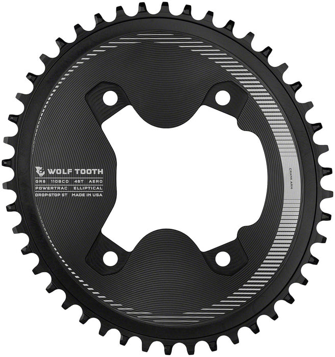 Wolf Tooth Elliptical Aero 110 Asymmetric BCD Chainring - 46t, 110 Asymmetric BCD, 4-Bolt, Drop-Stop ST, For Shimano GRX 800 Series, Black