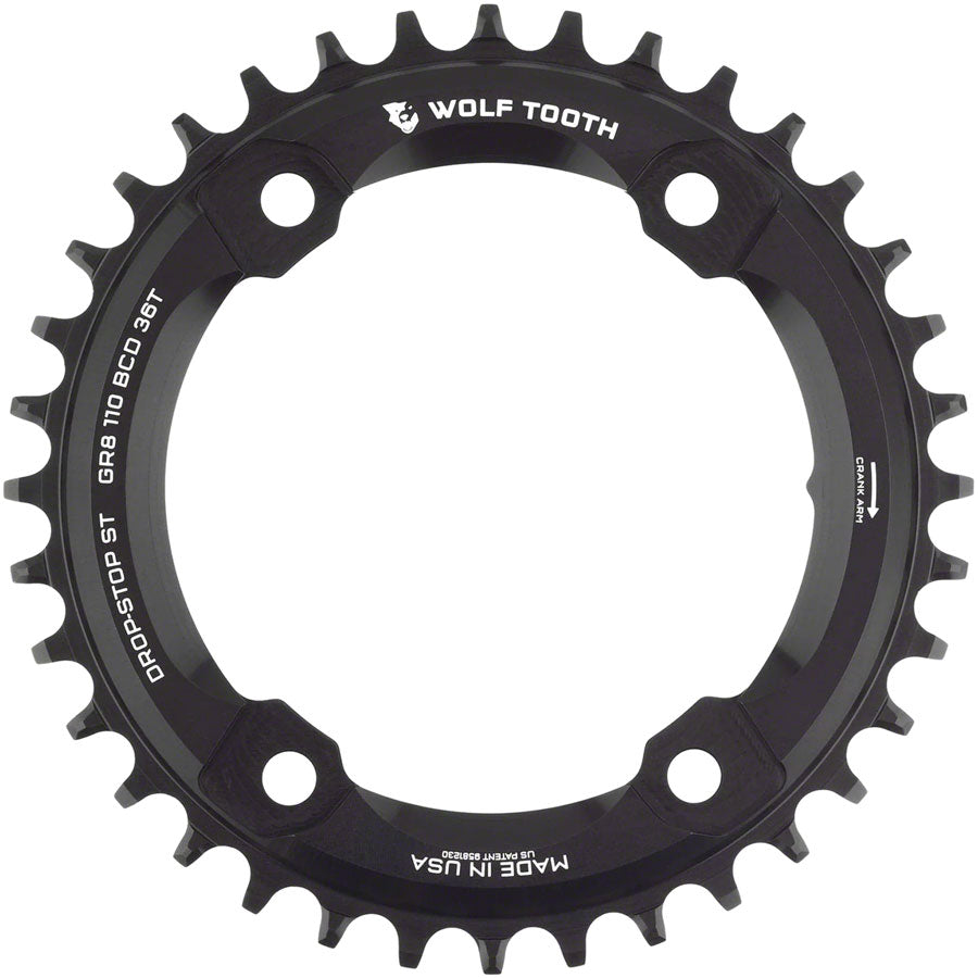Wolf Tooth Shimano 110 Asymmetric BCD Chainring - 36t, 110 Asymmetric BCD, 4-Bolt, Drop-Stop ST, For Shimano GRX Cranks, Black