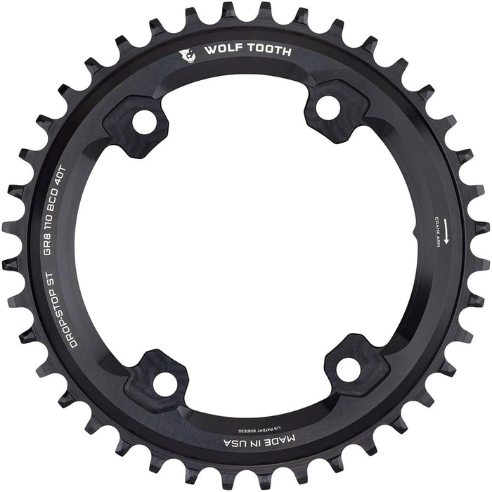 Wolf Tooth Shimano 110 Asymmetric BCD Chainring - 40t, 110 Asymmetric BCD, 4-Bolt, Drop-Stop ST, For Shimano GRX Cranks, Black