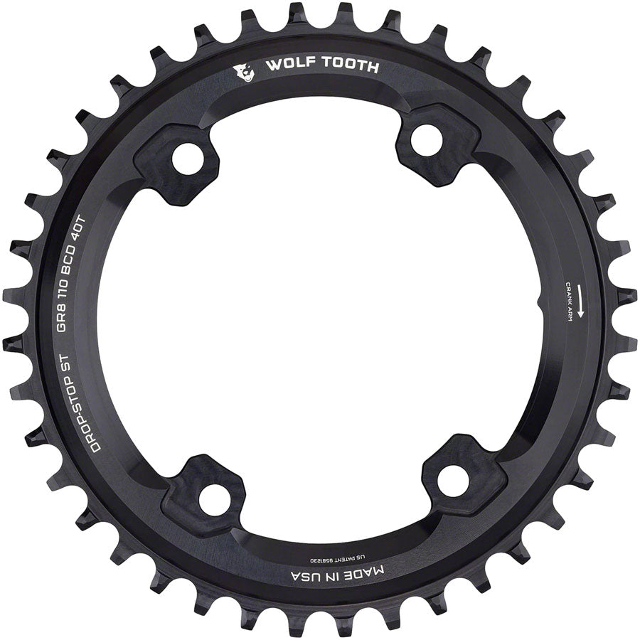 Wolf Tooth Shimano 110 Asymmetric BCD Chainring - 40t, 110 Asymmetric BCD, 4-Bolt, Drop-Stop ST, For Shimano GRX Cranks, Black
