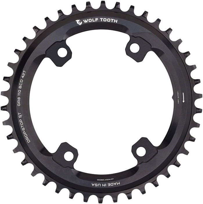 Wolf Tooth Shimano 110 Asymmetric BCD Chainring - 42t, 110 Asymmetric BCD, 4-Bolt, Drop-Stop ST, For Shimano GRX Cranks, Black