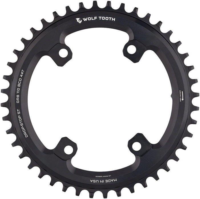Wolf Tooth Shimano 110 Asymmetric BCD Chainring - 44t, 110 Asymmetric BCD, 4-Bolt, Drop-Stop ST, For Shimano GRX Cranks, Black