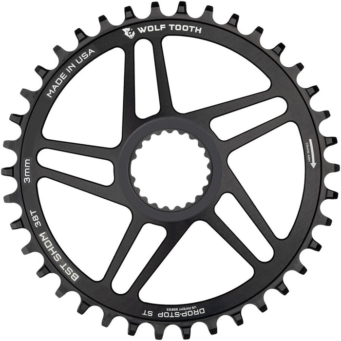 Wolf Tooth Direct Mount Chainring - 38t, Shimano DM, For Boost Cranks, 3mm Offset, Drop-Stop ST, Requires 12-Speed HG+ Chain, Black