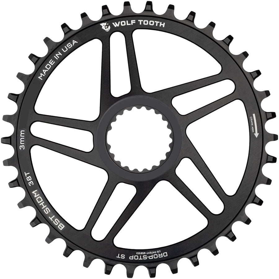 Wolf Tooth Direct Mount Chainring - 38t, Shimano DM, For Boost Cranks, 3mm Offset, Drop-Stop ST, Requires 12-Speed HG+ Chain, Black
