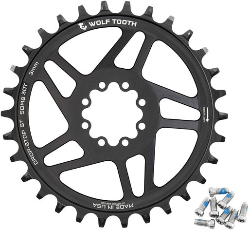 Wolf Tooth Direct Mount Chainring - 30t, SRAM 8-Bolt Direct Mount, 3mm Offset, Drop-Stop ST, Requires 12-Speed HG+ Chain, Black