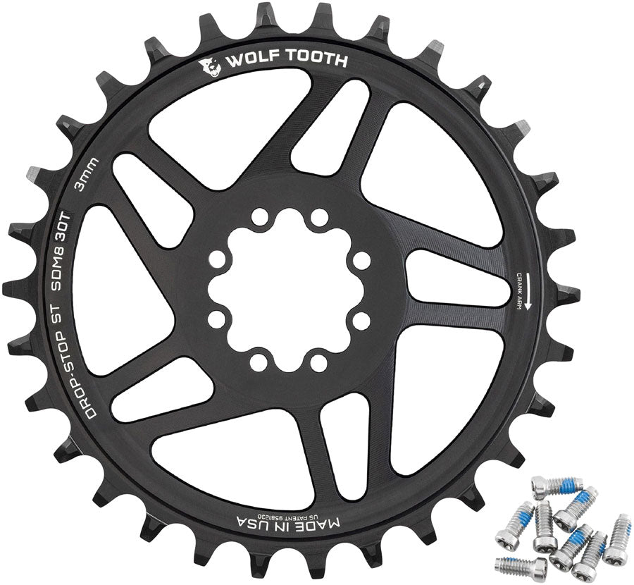 Wolf Tooth Direct Mount Chainring - 30t, SRAM 8-Bolt Direct Mount, 3mm Offset, Drop-Stop ST, Requires 12-Speed HG+ Chain, Black