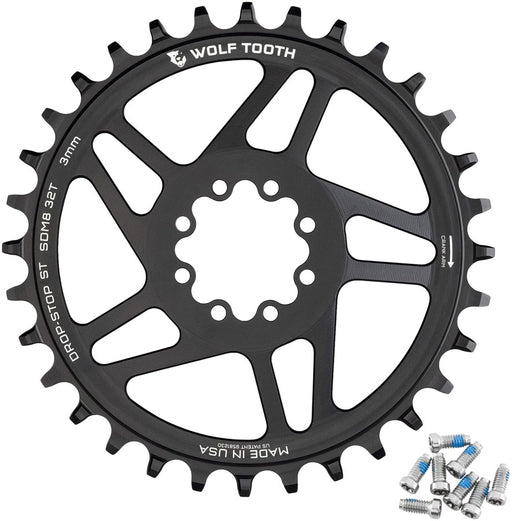 Wolf Tooth Direct Mount Chainring - 32t, SRAM 8-Bolt Direct Mount, 3mm Offset, Drop-Stop ST, Requires 12-Speed HG+ Chain, Black