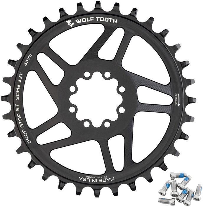 Wolf Tooth Direct Mount Chainring - 32t, SRAM 8-Bolt Direct Mount, 3mm Offset, Drop-Stop ST, Requires 12-Speed HG+ Chain, Black