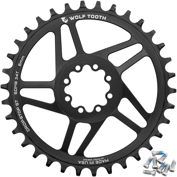 Wolf Tooth Direct Mount Chainring - 34t, SRAM 8-Bolt Direct Mount, 6mm Offset, Drop-Stop ST, Requires 12-Speed HG+ Chain, Black