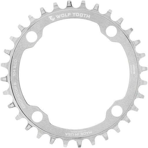 Wolf Tooth 104 BCD Chainring - 30t, 104 BCD, 4-Bolt, Drop-Stop B, Raw Silver