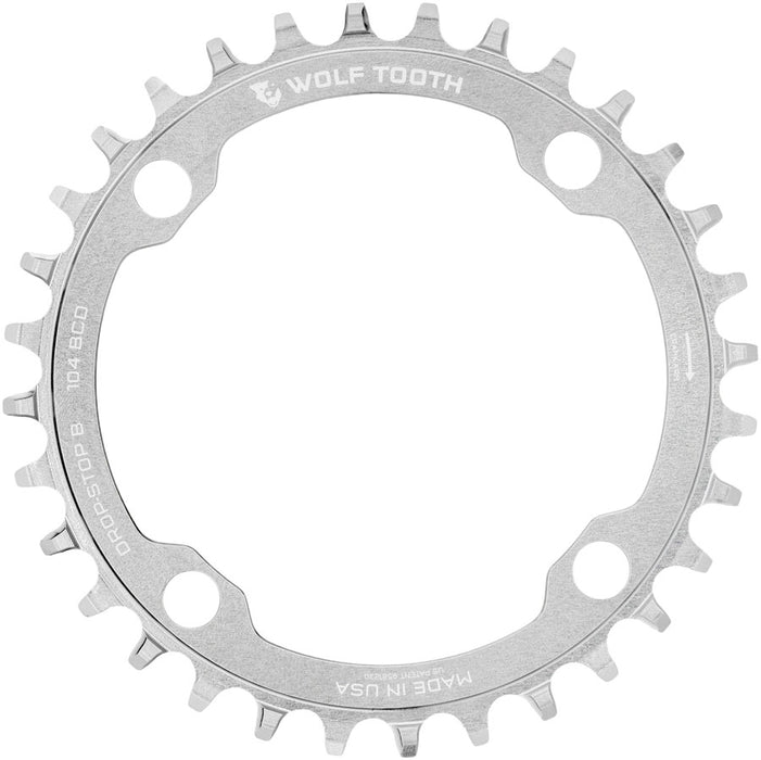 Wolf Tooth 104 BCD Chainring - 30t, 104 BCD, 4-Bolt, Drop-Stop B, Raw Silver