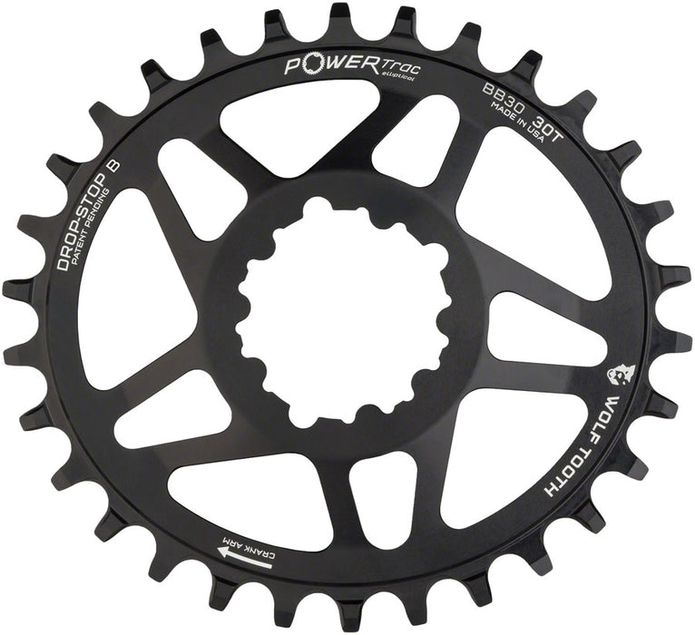 Wolf Tooth Elliptical Direct Mount Chainring - 30t, SRAM Direct Mount, Drop-Stop B, For SRAM BB30 Short Spindle Cranks, 0mm Offset, Black