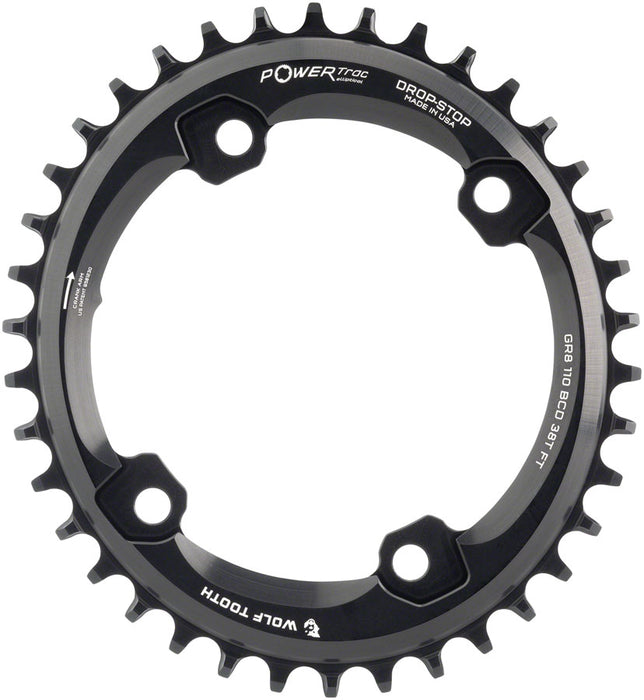 Wolf Tooth Elliptical Compatible with Shimano 110 Asymmetric BCD Chainring - 38t, 110 Asymmetric BCD, 4-Bolt, Drop-Stop, For Compatible with Shimano GRX Cranks, Black