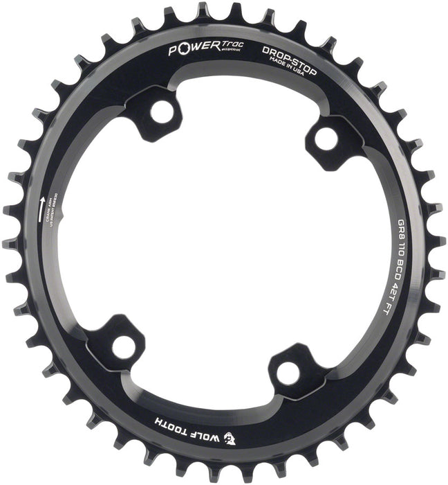 Wolf Tooth Elliptical Compatible with Shimano 110 Asymmetric BCD Chainring - 42t, 110 Asymmetric BCD, 4-Bolt, Drop-Stop, For Compatible with Shimano GRX Cranks, Black