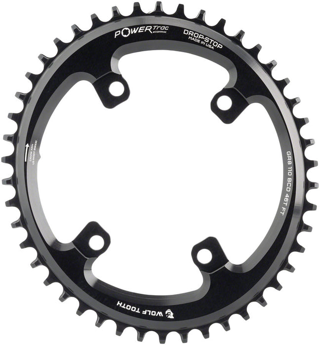 Wolf Tooth Elliptical Compatible with Shimano 110 Asymmetric BCD Chainring - 46t, 110 Asymmetric BCD, 4-Bolt, Drop-Stop, For Compatible with Shimano GRX Cranks, Black