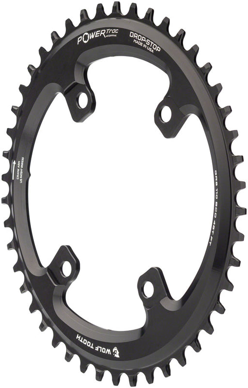 Wolf Tooth Elliptical Compatible with Shimano 110 Asymmetric BCD Chainring - 46t, 110 Asymmetric BCD, 4-Bolt, Drop-Stop, For Compatible with Shimano GRX Cranks, Black