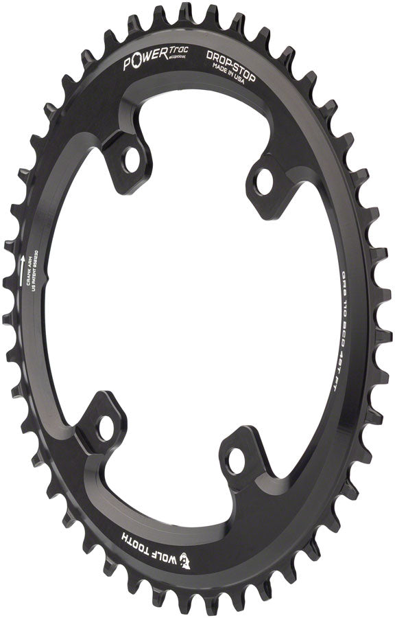 Wolf Tooth Elliptical Compatible with Shimano 110 Asymmetric BCD Chainring - 46t, 110 Asymmetric BCD, 4-Bolt, Drop-Stop, For Compatible with Shimano GRX Cranks, Black