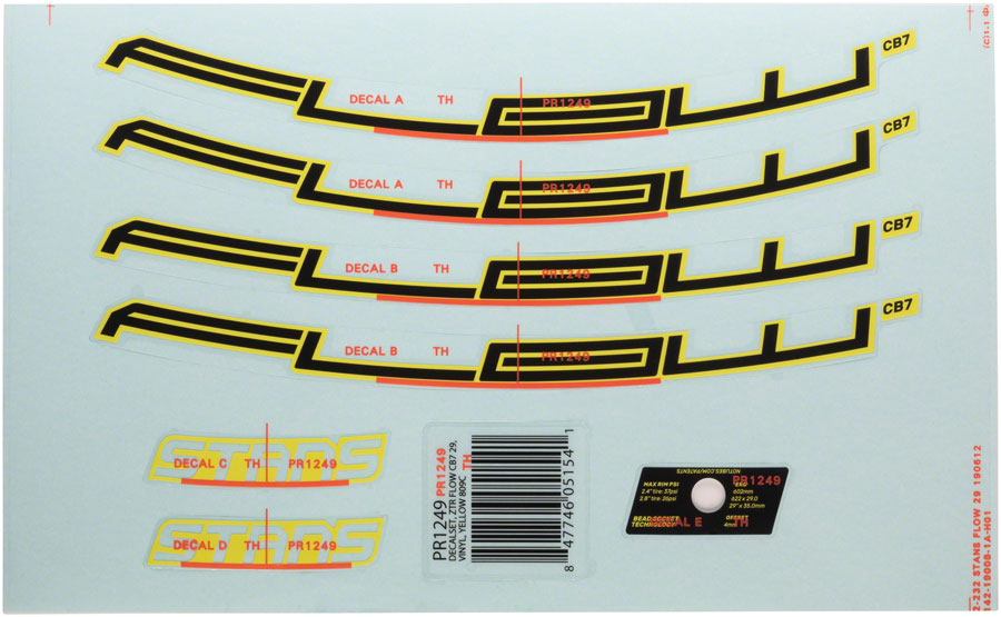 Stan's Flow CB7 Rim Decal - 29", Yellow, Set