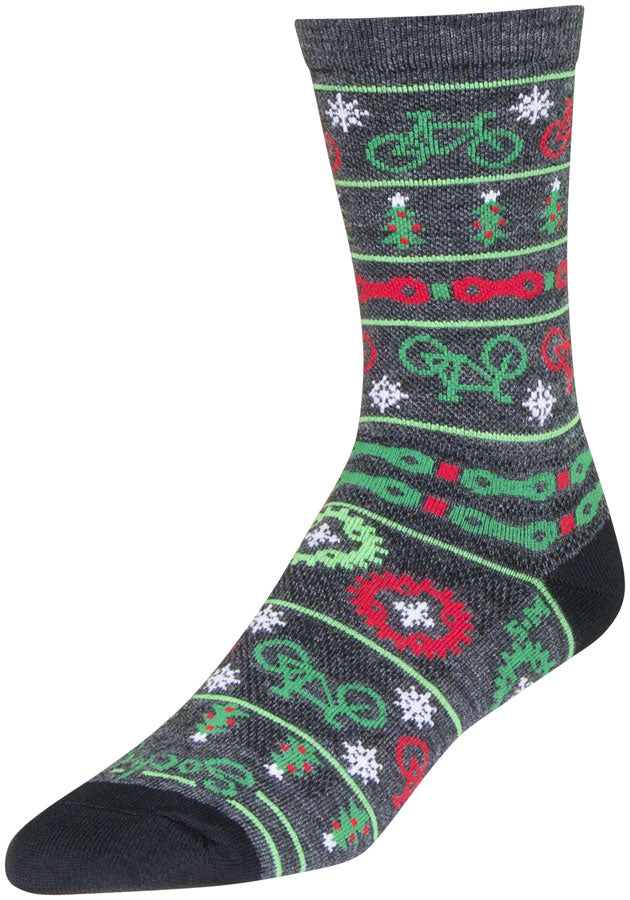 SockGuy Wool Ride Merry Crew Socks - 6", Gray/Red/Green, Small/Medium
