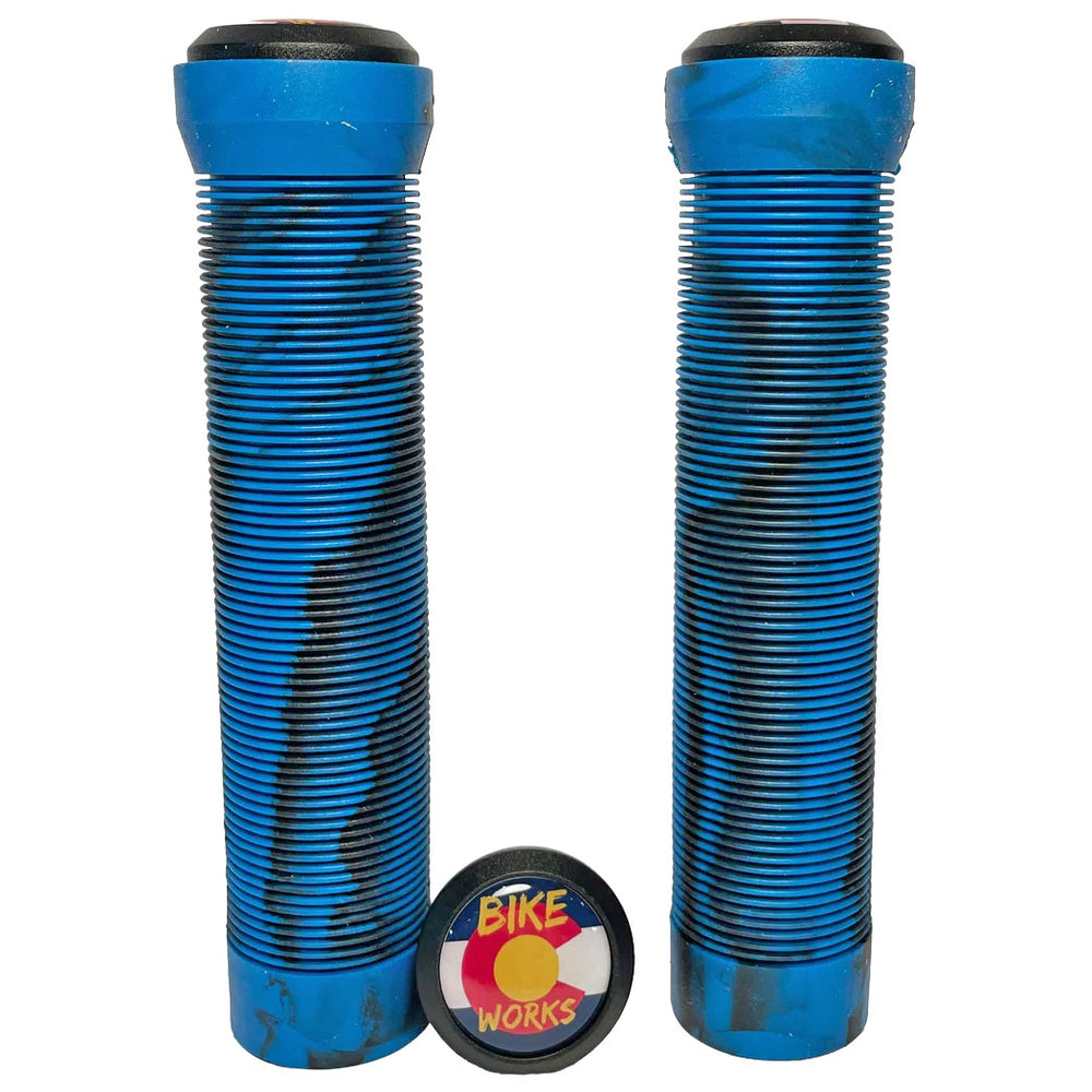 Bike Works CO Slip-On Ribbed Grips, Pair, Blue/Black Swirl
