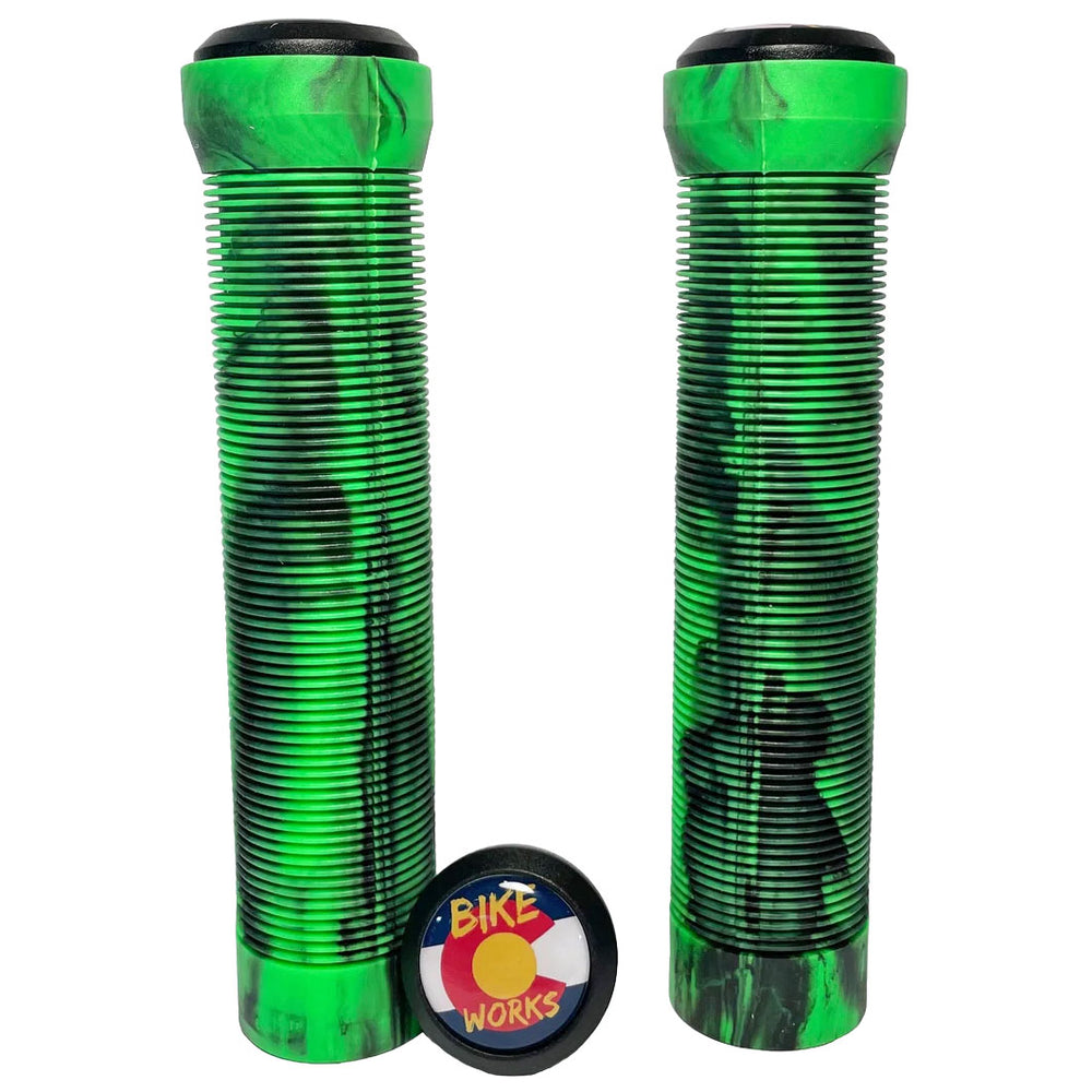 Bike Works CO Slip-On Ribbed Grips, Pair, Green/Black Swirl