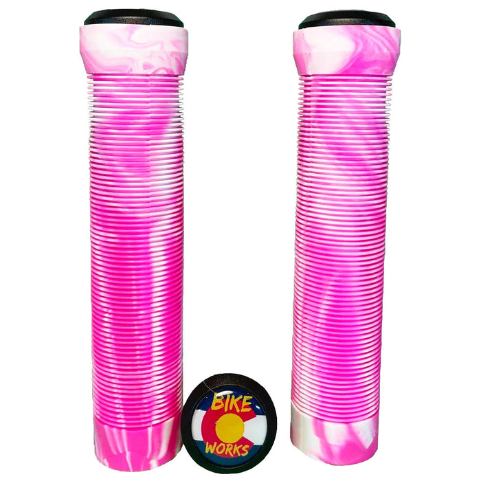 Bike Works CO Slip-On Ribbed Grips, Pair, Pink/White Swirl