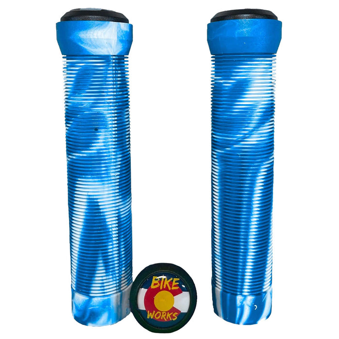 Bike Works CO Slip-On Ribbed Grips, Pair, White/Blue Swirl