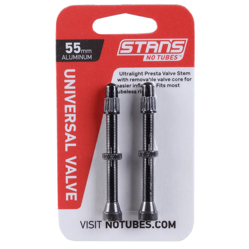 Stan's Alloy Tubeless Presta Valves Stem, 55mm Universal, Pair - Blk