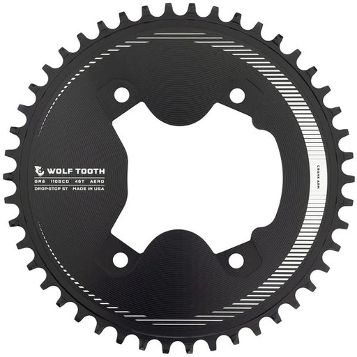 Wolf Tooth Aero 110 Asymmetric BCD Chainring - 46t, 110 Asymmetric BCD, 4-Bolt, Drop-Stop ST, For Shimano GRX 800 Series, Black