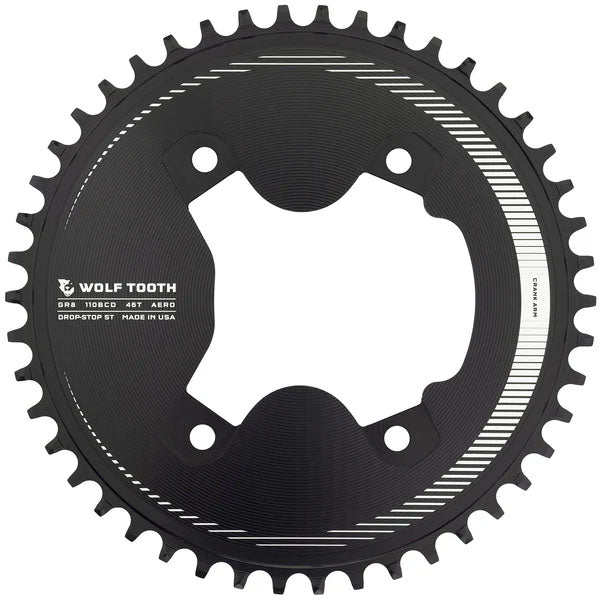 Wolf Tooth Aero 110 Asymmetric BCD Chainring - 46t, 110 Asymmetric BCD, 4-Bolt, Drop-Stop ST, For Shimano GRX 800 Series, Black