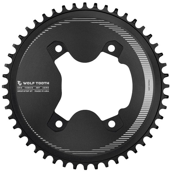 Wolf Tooth Aero 110 Asymmetric BCD Chainring - 48t, 110 Asymmetric BCD, 4-Bolt, Drop-Stop ST, For Shimano GRX 800 Series, Black